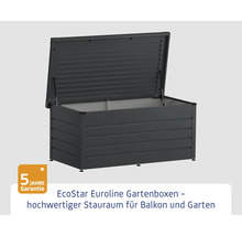 Geöffnete graue EcoStar Euroline Gartenbox mit fünf Jahren Garantie