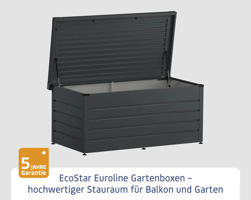 Geöffnete graue EcoStar Euroline Gartenbox mit fünf Jahren Garantie