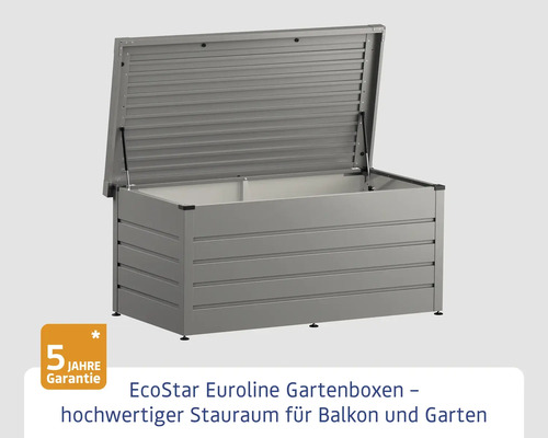 Geöffnete graue Gartenbox aus Metall mit fünf Jahren Garantie als Stauraum für den Garten oder Balkon.
