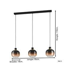Suspension avec trois lampes, verre, 95x19x110cm