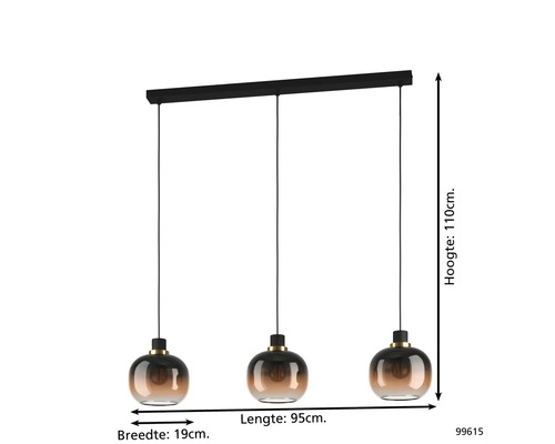 Suspension avec trois lampes, verre, 95x19x110cm