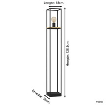 Schmale Stehlampe mit einem Regal und den Maßen 18 cm Länge, 18 cm Breite und 128,5 cm Höhe