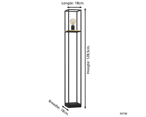 Schmale Stehlampe mit einem Regal und den Maßen 18 cm Länge, 18 cm Breite und 128,5 cm Höhe