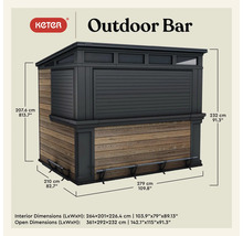 Keter Logo. Detailansicht einer Outdoorbar mit Maßangaben.