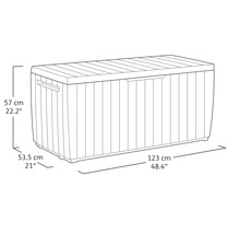 Abbildung einer Kunststoff-Gartenbox mit den Maßen 57 cm Höhe, 53,5 cm Tiefe und 123 cm Breite.