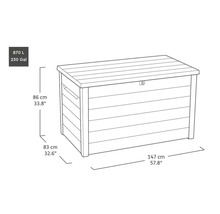 Abbildung einer Gartenbox mit den Maßen 147 cm Breite, 86 cm Höhe und 83 cm Tiefe sowie einem Fassungsvermögen von 870 Litern.
