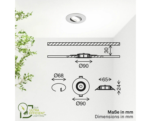 Spot encastrable au plafond avec dimensions en millimètres