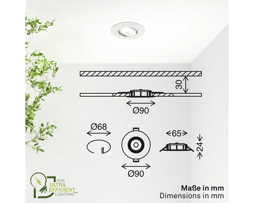 Spot encastrable au plafond avec dimensions sous forme de dessin technique