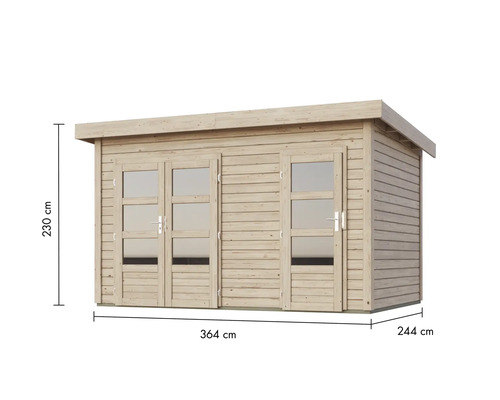 Holzgartenhaus mit zwei Glastüren und Größenangaben