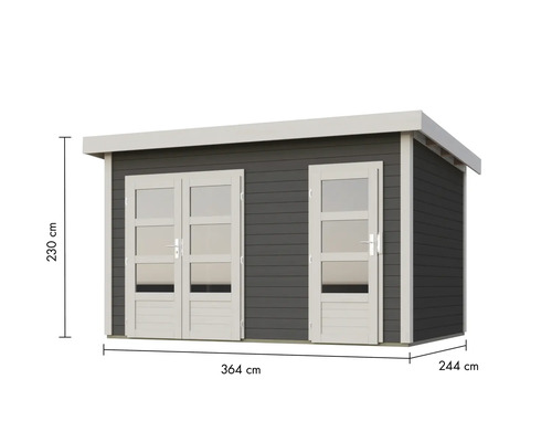 Abri de jardin avec double porte et porte simple, dimensions 364 x 244 x 230 cm
