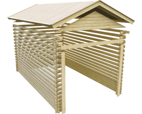 Holzgarage mit Lamellenwänden und Satteldach