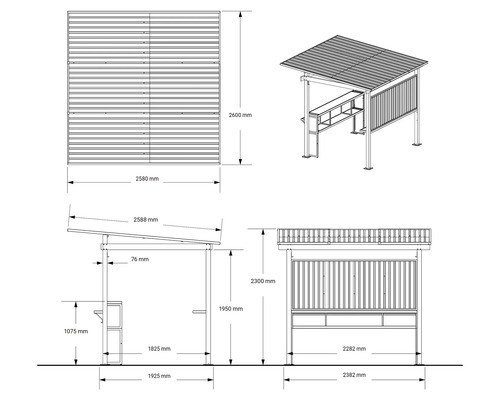 Technische Zeichnung eines Gartenhauses mit Abmessungen.