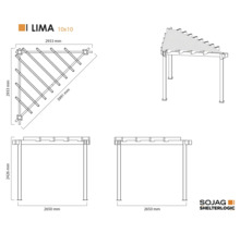 Technische Zeichnung einer Sojag Lima 10x10 Gartenlaube mit Maßen