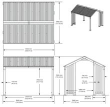 Technische Zeichnung einer Überdachung mit Maßangaben.