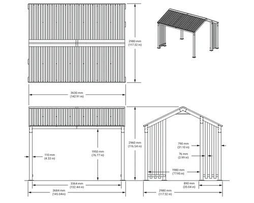 Technische Zeichnung einer Überdachung mit Maßangaben.