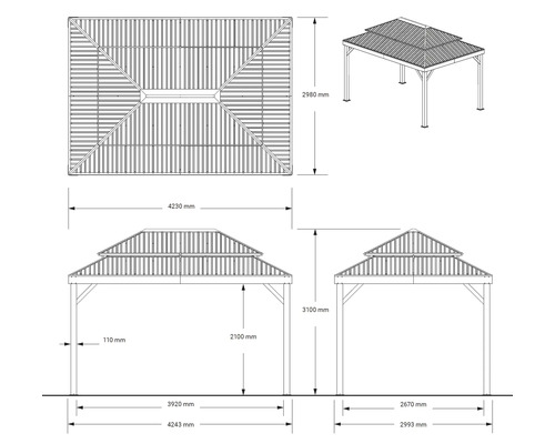 Technische Zeichnung eines Pavillons mit Maßangaben