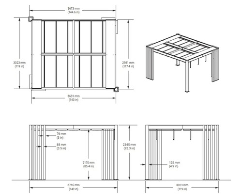 Technische Zeichnung eines Pavillons mit Maßangaben