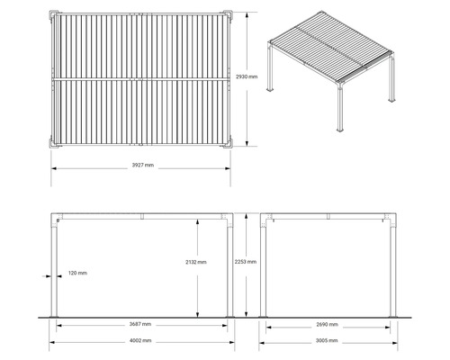 Technische Zeichnung einer Pergola mit Maßangaben