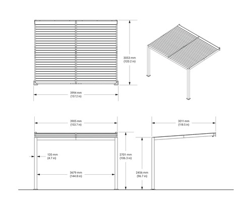 Technische Zeichnung einer Gartenpergola mit Maßangaben