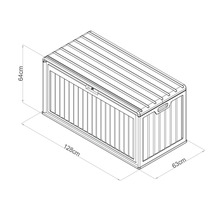 Abbildung einer Gartenbox mit den Maßen 64 cm Höhe, 128 cm Breite und 63 cm Tiefe.