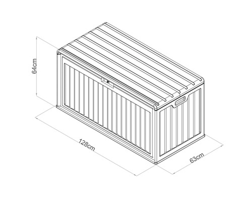 Abbildung einer Gartenbox mit den Maßen 64 cm Höhe, 128 cm Breite und 63 cm Tiefe.