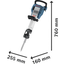 Marteau-piqueur Bosch avec les dimensions 760 mm de hauteur, 255 mm de largeur et 160 mm de profondeur.