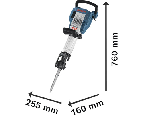 Marteau-piqueur Bosch avec les dimensions 760 mm de hauteur, 255 mm de largeur et 160 mm de profondeur.