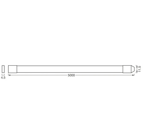 Dessin technique d un ruban LED plat avec les dimensions suivantes : 5000 millimètres de long, 11,5 millimètres de large et 4,5 millimètres de profondeur.