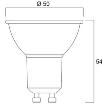 Dessin technique d une ampoule GU10 avec un diamètre de 50 millimètres et une hauteur de 54 millimètres.