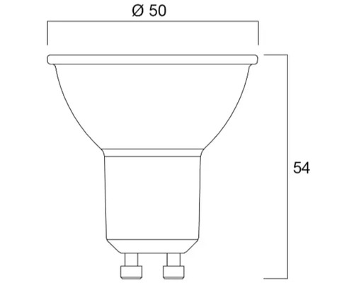 Dessin technique d une ampoule GU10 avec un diamètre de 50 millimètres et une hauteur de 54 millimètres.