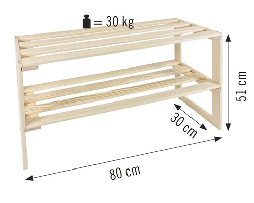 Étagère à chaussures en bois avec deux étagères, dimensions 80 cm x 30 cm x 51 cm, charge maximale 30 kg