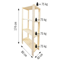 Regal aus Holz mit vier Ablageflächen und Maßangaben zu Höhe, Breite und Tiefe