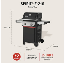 Gril à gaz Weber Spirit E-210 avec des dimensions de hauteur 117 cm, largeur 123 cm et profondeur 68 cm.