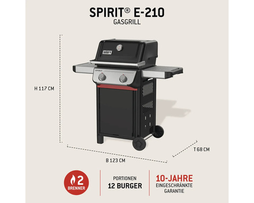 Gril à gaz Weber Spirit E-210 avec des dimensions de hauteur 117 cm, largeur 123 cm et profondeur 68 cm.
