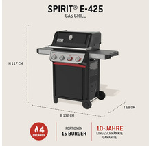 Grill à gaz Weber Spirit E-425 avec quatre brûleurs et dimensions hauteur 117 cm, largeur 132 cm et profondeur 68 cm