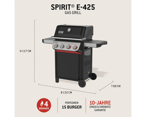 Grill à gaz Weber Spirit E-425 avec quatre brûleurs et dimensions hauteur 117 cm, largeur 132 cm et profondeur 68 cm