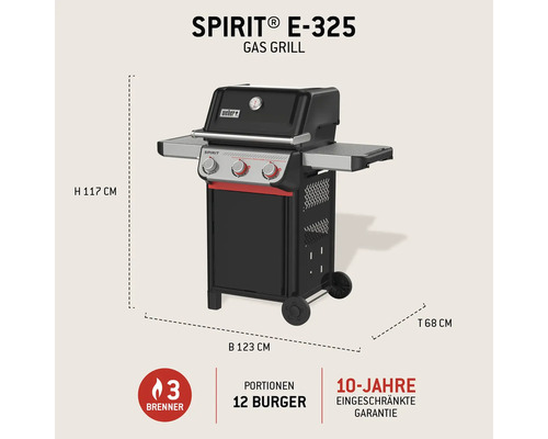 Barbecue à gaz Weber Spirit E-325 avec trois brûleurs et dimensions hauteur 117 cm, largeur 123 cm et profondeur 68 cm.