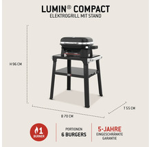 Weber Lumin Compact Grill électrique avec support, hauteur 96 centimètres, largeur 70 centimètres, profondeur 55 centimètres, adapté pour six burgers, cinq ans de garantie limitée, un brûleur.