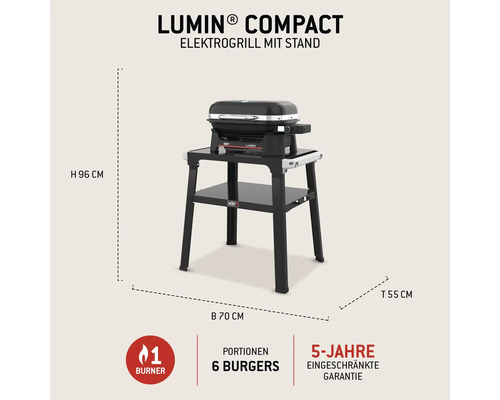 Weber Lumin Compact Grill électrique avec support, hauteur 96 centimètres, largeur 70 centimètres, profondeur 55 centimètres, adapté pour six burgers, cinq ans de garantie limitée, un brûleur.