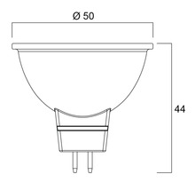 Dessin technique d une ampoule avec un diamètre de 50 millimètres et une hauteur de 44 millimètres.