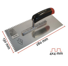 Spatule dentée mesurant 280 mm sur 130 mm, avec denture de 4 mm sur 4 mm.
