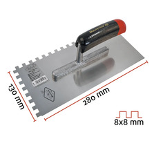 Zahnspachtel mit den Maßen 280 x 130 Millimeter und einer Zahnung von 8 x 8 Millimeter
