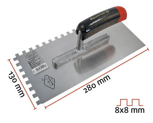 Zahnspachtel mit den Maßen 280 x 130 Millimeter und einer Zahnung von 8 x 8 Millimeter