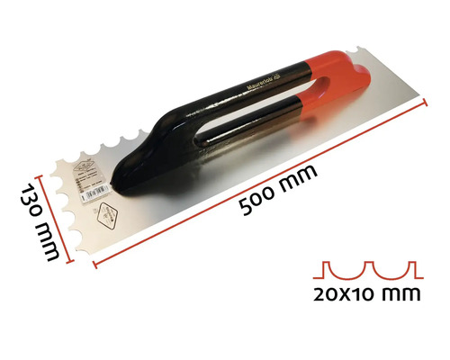 Truelle Maurerlob, 500 x 130 millimètres, denture 20 x 10 millimètres