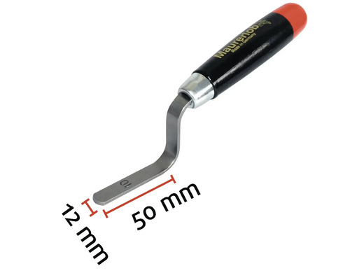 Gratte-joints avec manche en bois et dimensions de 12 millimètres sur 50 millimètres.