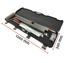 Werkzeugsatz für Verputzarbeiten in einem schwarzen Werkzeugkoffer, Abmessungen 1200 mm x 340 mm.