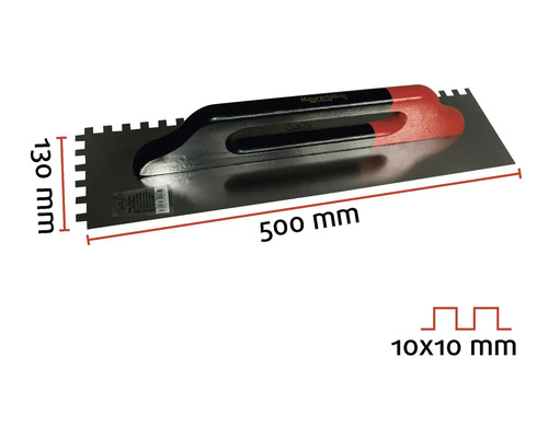 Maurerlob Zahnspachtel mit den Maßen 500 x 130 Millimeter und einer Zahnung von 10 x 10 Millimeter.