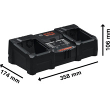 Bosch Expert Akku Doppelladegerät mit den Maßen 358 mm x 174 mm x 106 mm