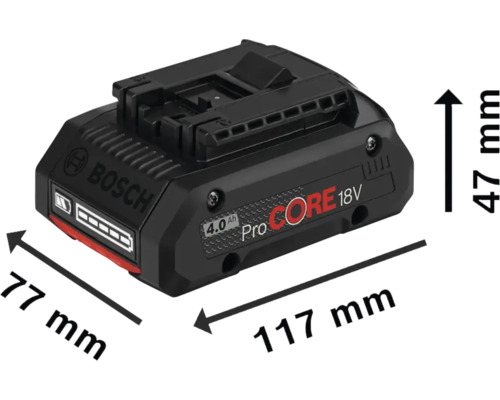 Bosch ProCore 18V 4.0 Ah Akku mit den Maßen 77 mm x 117 mm x 47 mm