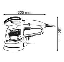Dimensions de la ponceuse excentrique Bosch GEX 125 AC Professional : longueur 305 mm, hauteur 190 mm